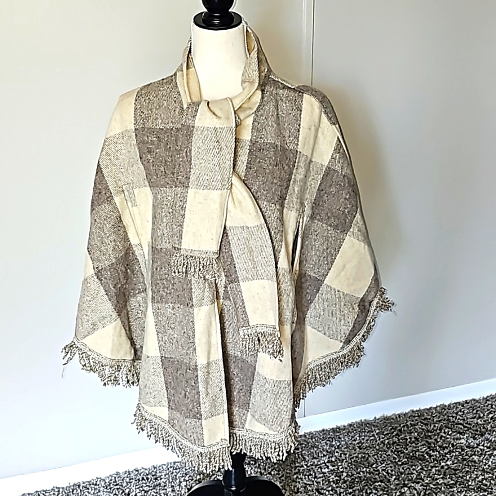 Wool Cream and brown Plaid Cape Poncho Fringe detail One Size Cottagecore